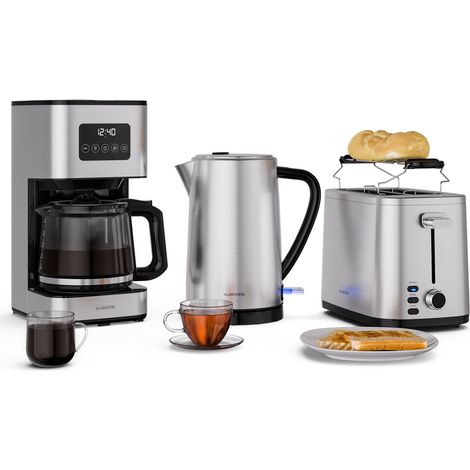 Klarstein Verosteel Vollständiges Frühstücksset  Toaster 2 Scheiben mit 7 Bräunungsstufen & Brötchenaufsatz, Wasserkocher 1.7L Edelstahl, Filterkaffeemaschine 12 Tassen, Warmhaltefunktion