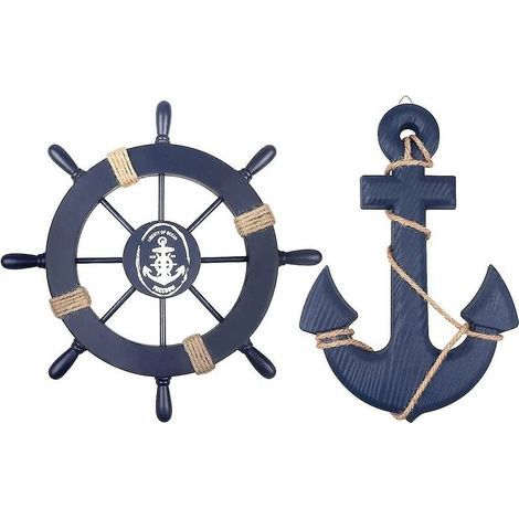 Roue de bateau en bois de 28cm et ancre en bois de 33cm, avec corde, gouvernail de direction nautique, décoration murale, ornement suspendu de porte, 2 paquets (1/5)