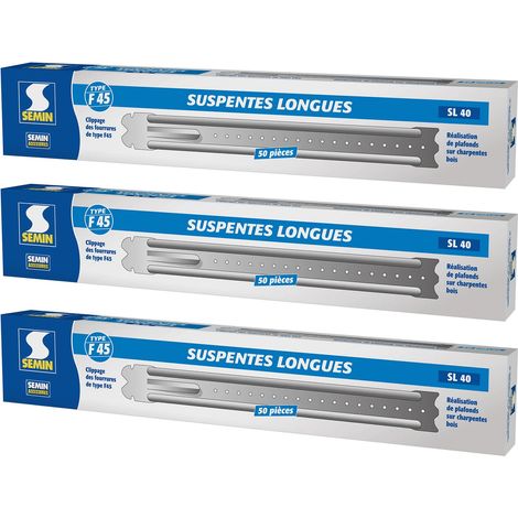 Semin – Suspentes longues 400 mm F45 – Acier galvanisé – Boite de 150 unités – Montage rapide pour faux plafonds