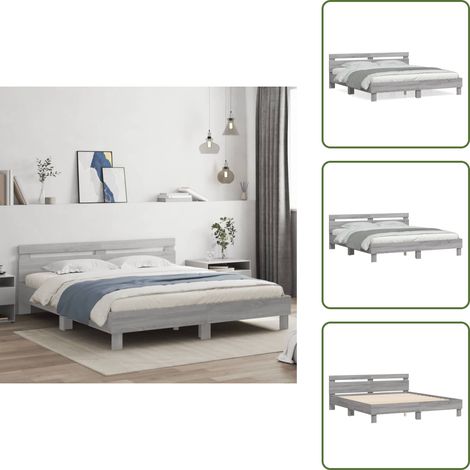 Bettgestell mit Kopfteil Grau Sonoma 200x200cm Holzwerkstoff - Holzbettfassungen - Bettkopfteile - Doppelbett Gestell - Massivholzbette - Grau Bettwäsche