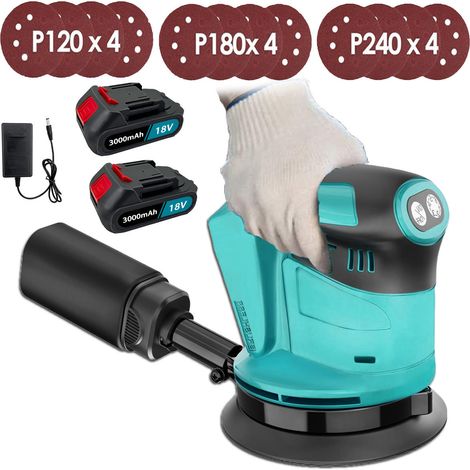 Levigatrice orbitale casuale senza spazzole a batteria, compatibile con batteria Makita, con 12 fogli abrasivi da 125 mm + 2 batterie da 3.0 Ah + caricabatteria, per legno, lucidatura, levigatura (1/5)