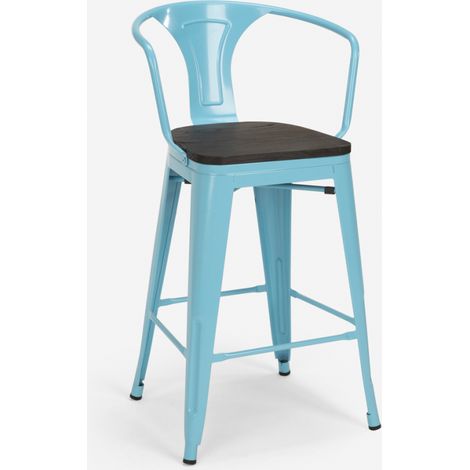 sgabello industriale h68cm schienale top legno steel wood back - Azzurro
