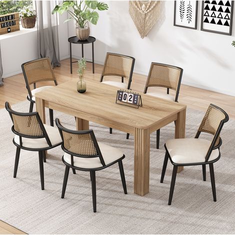Lot de 6 chaises de salle à manger noires avec dossier tressé, assise en cuir régénéré, structure métal, pour salon et chambre, gain de place, CHICFURN (1/5)