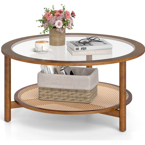 Table Basse Ronde 2 Niveaux avec Plateau Verre Trempé, Étagère en Rotin Synthétique, Cadre en Bois, Patins Antidérapants, Style Bohème 90x90x43,5 cm (1/5)