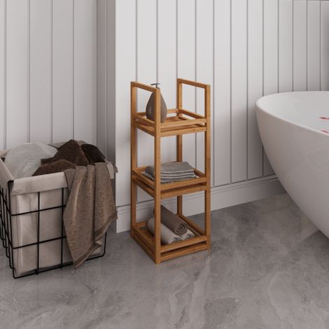 Mensola da bagno, libreria a 3 livelli, mensola a colonna, mensola stretta, mensola in bambù con protezione perimetrale per soggiorno, camera da letto, ufficio, salvaspazio, colore naturale. (1/5)