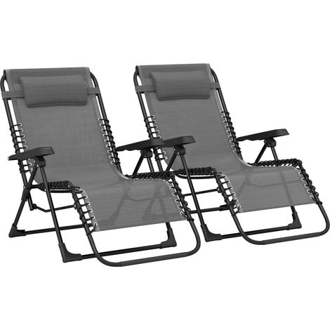 Lot de 2 transats pliants inclinables avec repose-tête en toile textilène, 90 x 65 x 112 cm, gris (1/5)
