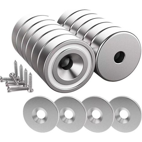 Lot de 12 aimants en néodyme 10 kg – Dimensions 20 x 7 mm avec trou et capsule – 12 coussins en acier inclus – Installation facile (1/5)