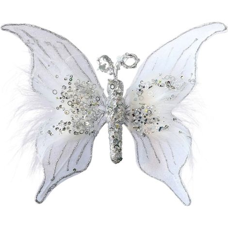 Papillon Décoratif - Pailleté Rouge Blanc Or Champagne - Avec Plumes - Pour Arbre de Noël Guirlande Mariage Floristerie - Lot de 6 (1/4)