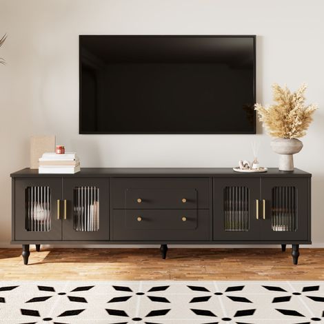 Meuble TV 175x38x55,5 cm en panneaux de bois noir, avec rangement pour salon FloraGrace (1/5)