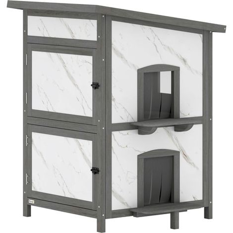 CHICFURN Casetta per gatti da esterno 60 x 60 x 88 cm in legno bianco, con più ingressi (1/5)