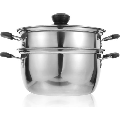 Cuiseur Vapeur - 2 Paniers - Acier Inoxydable - Couvercle Verre - Induction Gaz - Diamètre 18 Cm (1/5)