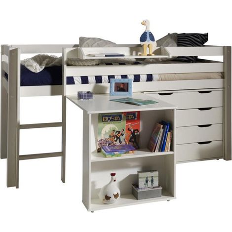 Pack - Lit Enfant Bureau & Commode 4 Tiroirs "Pino" Blanc (1/2)