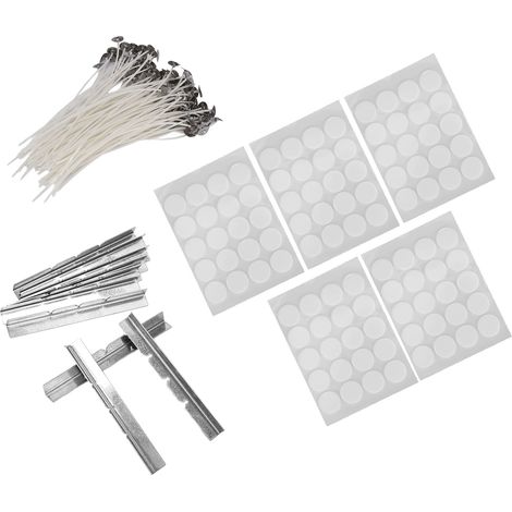 100 mèches de bougie en cire blanche avec support, 100 bandes adhésives double face en mousse, 10 supports de mèche en acier inoxydable (blanc). (1/5)