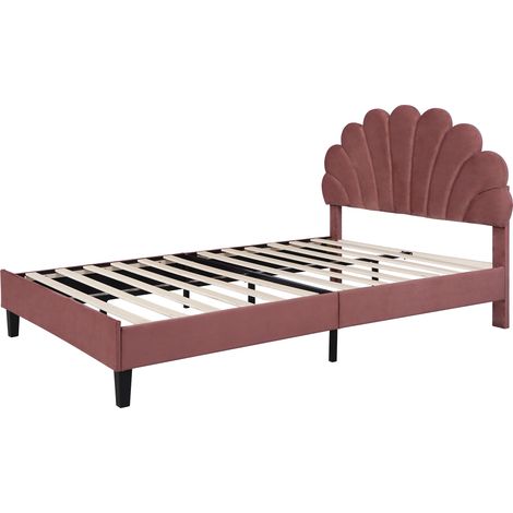 Cama doble tapizada 140 x 200 cm con cabecero floral, terciopelo burdeos, somier de láminas (1/5)
