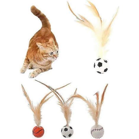 Ensemble de 3 balles interactives en silicone avec plumes naturelles pour chats et chatons d'intérieur. Jouets élastiques et rebondissants. (1/5)