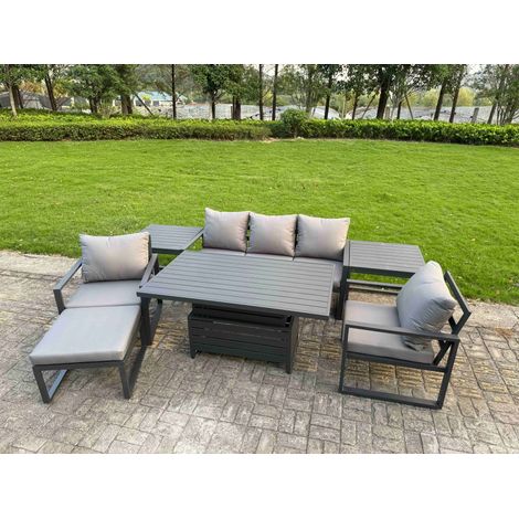 Fimous 7-Piece Aluminium Garden Furniture Sets 6 Seater Outdoor Sofa Set with Adjustable Rising Lifting Dining Table 2 Chairs Big Footstool 2 Side Tables (1/5)
