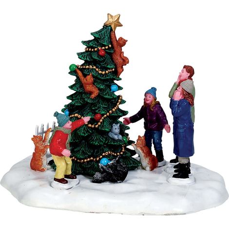 Statuetta in poliresina "Catastrofe natalizia" con albero che cade per villaggio di Natale (1/5)