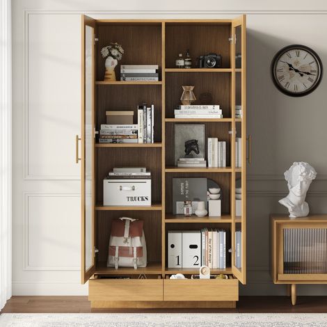 Vitrine en verre (armoire de bureau/bibliothèque/meuble de rangement) – étagères décalées fixes, tiroirs sans poignée à ouverture push-to-open, 80x40x160 cm, couleur bois. (1/5)