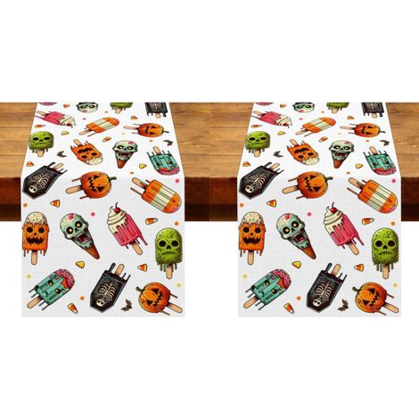 Camino de mesa Summerween, estampado de calavera de hielo, decoración para fiestas, calabaza, caramelos de maíz, decoración (33 x 183 cm) (2 piezas) (1/5)