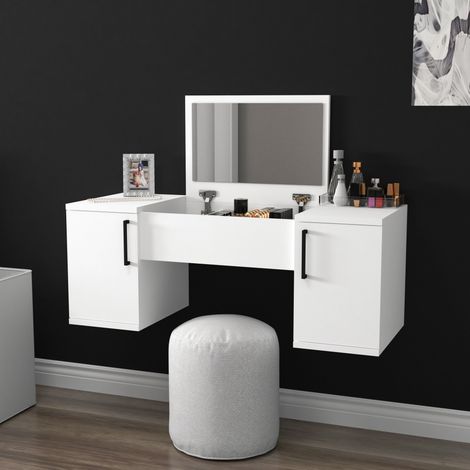 Tocador Cicerale, Mueble de Maquillaje con Espejo, 3 Puertas, Estructura Negra, 100x35x74h cm Blanco (1/5)