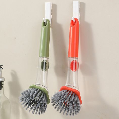 Brosse de nettoyage de pot à long manche avec ajout de liquide, type poussoir, aucun dommage au pot avec de la laine d'acier, 2 pièces (orange + vert) (1/5)