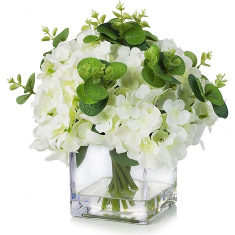Fleurs d'hortensia artificielles en soie avec vase, mélange de fleurs d'hortensia blanches et de verdure dans un vase d'eau synthétique pour décoration de table à manger, centres de table (1/5)
