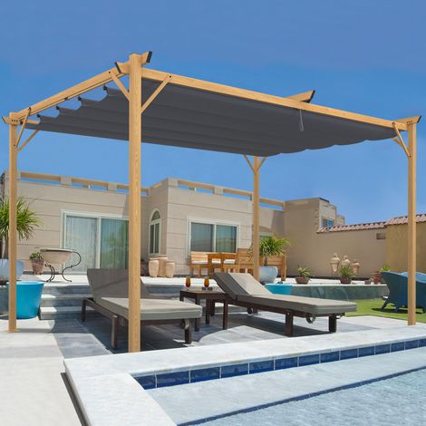 Pérgola techo retráctil 4 patas 3x4 M cenador efecto madera tejido gris antracita