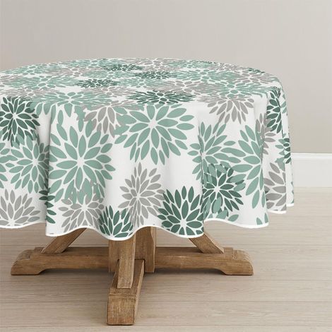 Nappe ronde 140 cm motif floral vert eau anti-taches polyester
