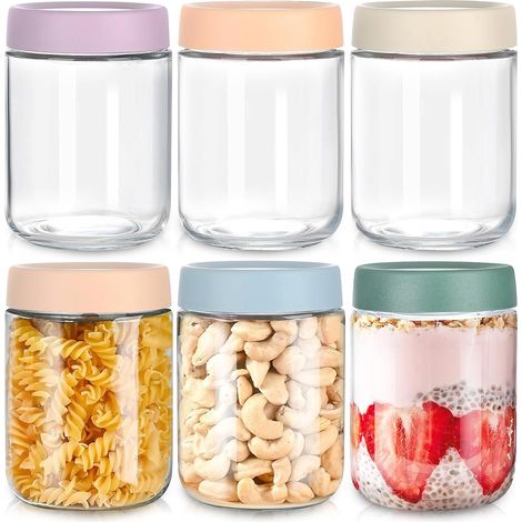 Lot de 6 bocaux à flocons d'avoine avec couvercles, bocaux en verre hermétiques, bocaux à large ouverture, 500 ml, bocaux de conservation en verre pour restes, en-cas, yaourt, épices et sucre (6 pièce (1/5)