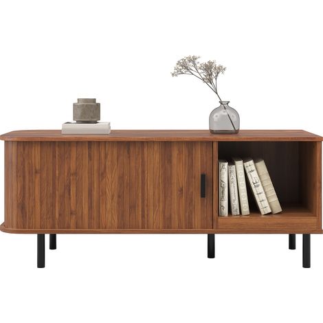 Table basse avec porte coulissante, table de salon moderne avec rangement, table de canapé rectangulaire avec effet lamelles, table d'appoint avec compartiment de rangement ouvert pour le salon (1/5)