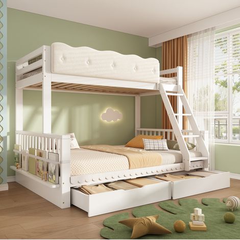 Litera infantil 90x200/140x200 cm blanca de madera con cajones, revistero y barandilla acolchada (1/5)