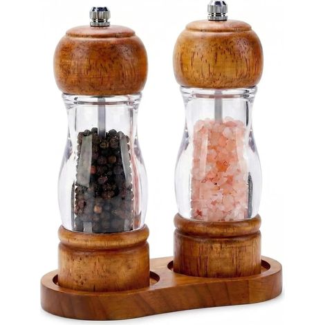 Ensemble de moulins à sel et à poivre en bois d'acacia de 16 cm avec plateau, moulins à épices manuels rechargeables avec fenêtre en acrylique et couvercle en céramique réglable. (1/5)