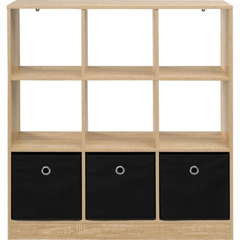 Freistehendes Bücherregal mit 3 Stoffschubladen, 80 x 86,5 x 30 cm, Eiche hell/Schwarz, MODENUIT (1/5)