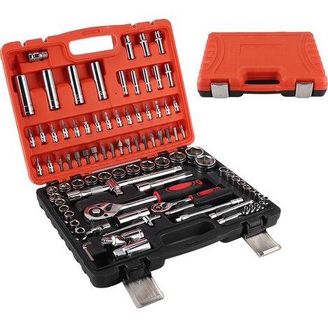 Kit d'outils à main professionnel pour la réparation automobile, comprenant 94 douilles et clés à cliquet (1/2 et 1/4 pouce) et un coffret. (1/5)