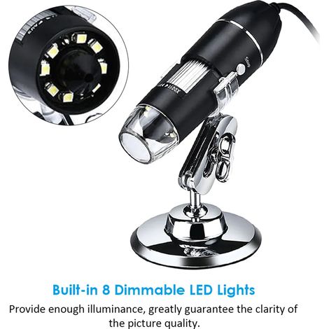 Microscope numérique USB, grossissement 1600x, mini caméra vidéo 8 LED, avec trépied, compatible Android, Windows/XP, Win 7, 8, 10, Vista, Linux et Mac (1/5)
