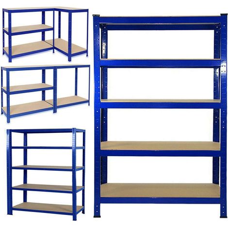 Supports robustes, supports de rangement, supports de sous-sol, matériau métallique étagères en panneaux de fibres à densité moyenne à 5 couches, adaptées aux garages, sous-sols, studios, bleu (1/5)