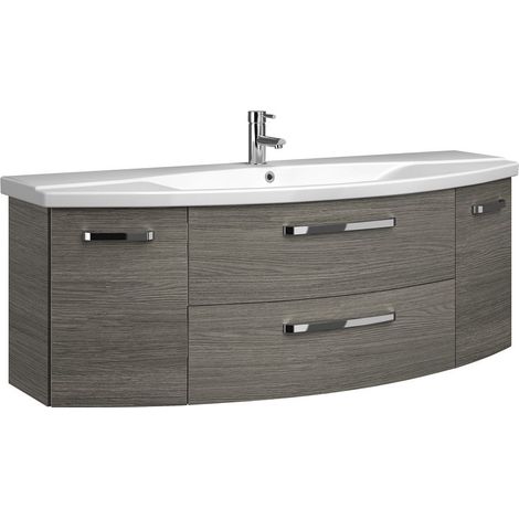 Badezimmer 140cm Waschtisch FES-4010-66 mit Unterschrank & Waschbecken in Dekor Graphit Struktur quer Nb. - B/H/T: 144/54/50cm (1/4)