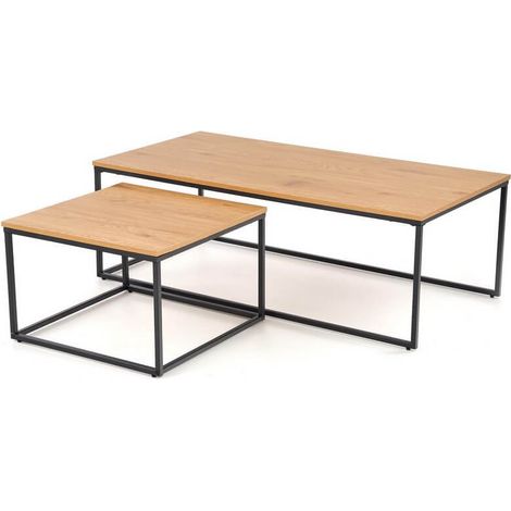 Ensemble de deux tables gigognes avec plateaux aspect chêne doré et structure acier noir Narbonne (1/5)