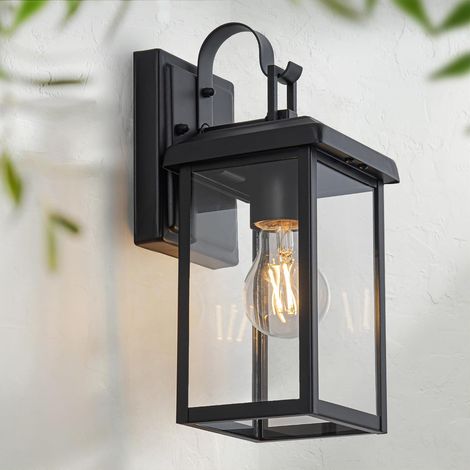 Applique Murale Extérieure E27, Jardin Luminaire Mural Exterieur, Terrasse Lampe Exterieur avec Verre, IP44 Etanche Éclairage Mural d'Extérieur, Noir Applique Exterieur Lanterne pour Balcon Porche (1/5)