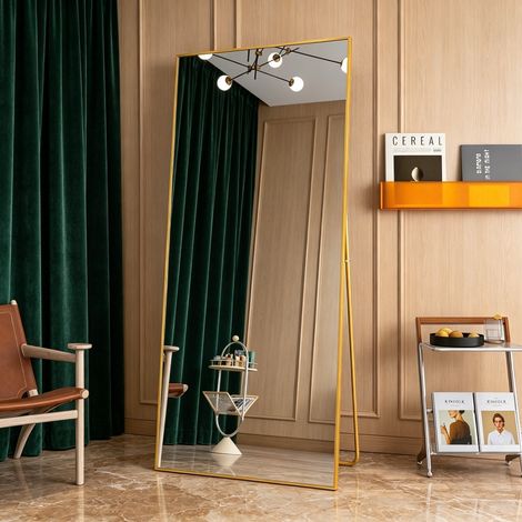Miroir sur pied 180×80cm, verre trempé haute définition, miroir pleine longueur, support réglable, miroir sur pied carré, peut être suspendu, cadre en alliage d'aluminium,pour chambres et salons，Doré