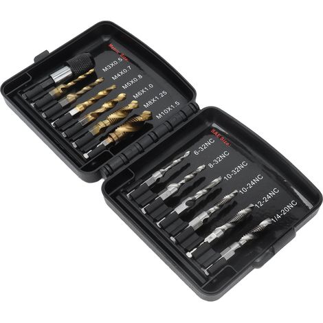 HSS-Kombinationsbohrer- und Gewindebohrer-Set (metrisch), titanbeschichtet, 1/4"-Schnellwechseladapter, US-System, Komplettset (1/5)