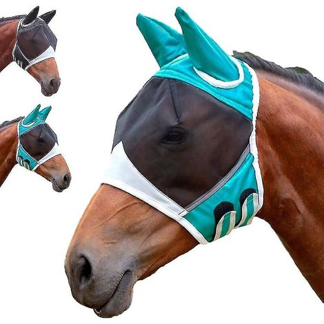 Masque anti-mouches pour cheval, protection UV, avec filet pour les oreilles, ouverture pour la crinière et bordure réfléchissante. Masque extensible et respirant en maille fine, avec œillets et croch (1/5)