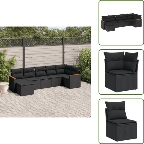 The Living Store Salon de jardin 7 pcs avec coussins noir résine tressée - Ensemble Salon De Jardin - Mobilier De Jardin - Meubles Extérieur - Salon De Jardin Design - Chaise Longue (1/5)