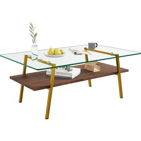 Table basse rectangulaire en verre trempé et MDF, pieds métal doré, style moderne, facile à nettoyer, H42,5 x L98 x P58 cm, salon contemporain CHICFURN (1/5)