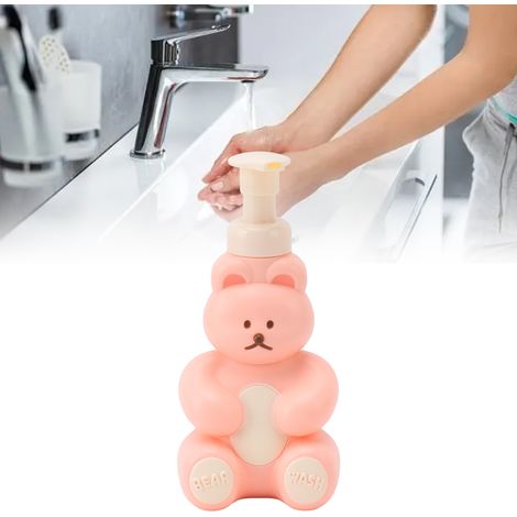 Flacon pompe mignon en forme d'ourson de dessin animé, grande capacité, distributeur pour nettoyant visage, gel douche et savon pour les mains grand flacon de savon pour les mains rose fraise. (1/5)
