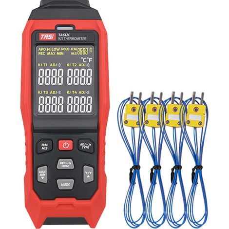 Thermomètre à thermocouple de type K/J à 4 canaux TA612C -2001372℃/-3282501℉, 5000 ensembles de stockage de données, avec téléchargement de données USB et mesure en temps réel (1/5)