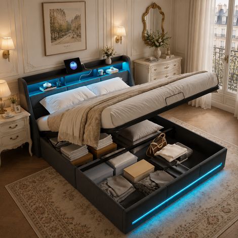 Lit coffre 140x190cm avec lumière LED, lit capitonné avec port USB, lit double avec rangement dans la tête de lit,Sommier à lattes, lit adulte, lit ados, Lin, Gris