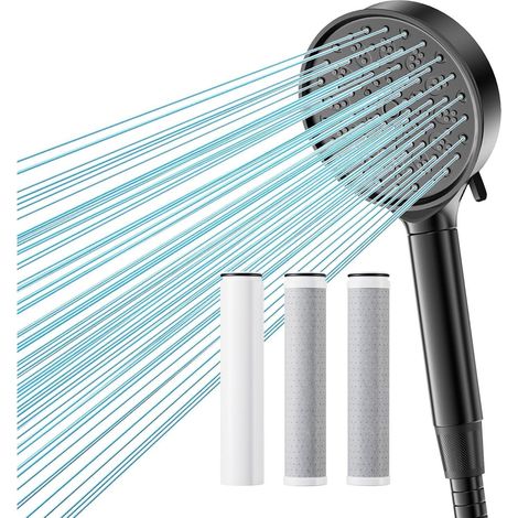 Pommeau de douche filtrant 6 jets avec 2 filtres charbon actif, haute pression, anti-calcaire, noir mat (1/5)