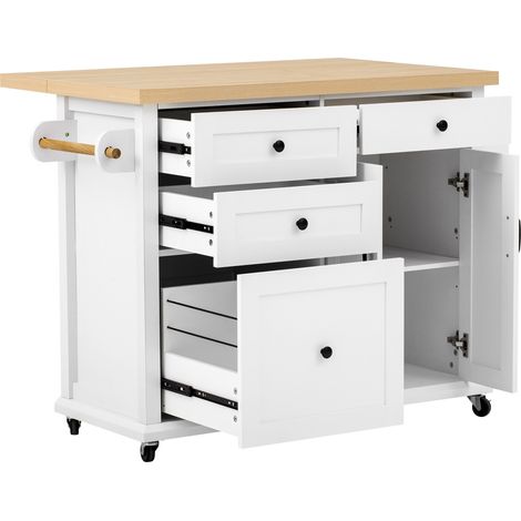 Îlot de cuisine mobile avec roulettes, plan de travail extensible et rangements multifonctions en MDF blanc (1/5)