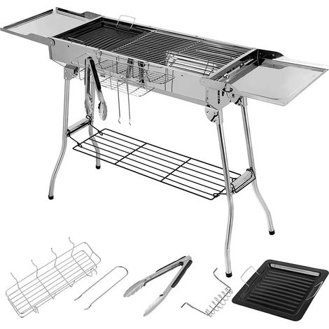 Gril à charbon de bois en acier inoxydable, barbecue de Camping Portable avec Double ailes pliantes, poêle antiadhésive, Ventilation réglable (1/5)